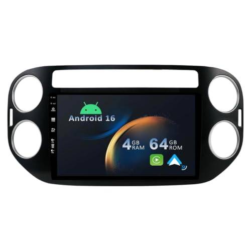 YUNTX Android 14 2 Din Radio Navigation för Volkswagen Tiguan 2009-2017: [Integrerad CarPlay/Android Auto/GPS] -IPS 2.5D 9 Tum Pekskärm-DAB/Bluetooth 5.0/Ratt Kontroll/Mirror-Link