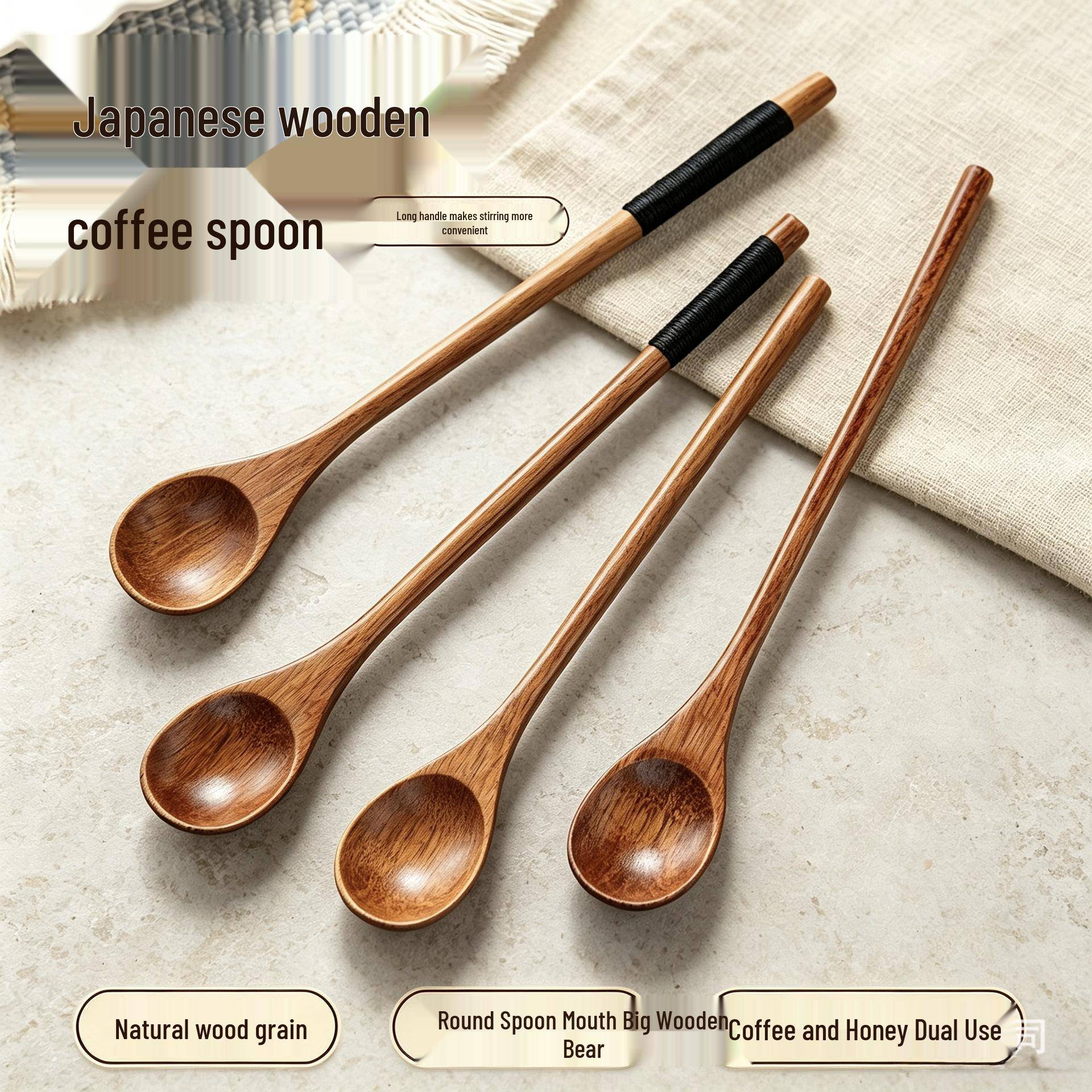 Japanese Solid Wood Long-Handled Stirring Spoon for Coffee, Milk Tea, and Honey