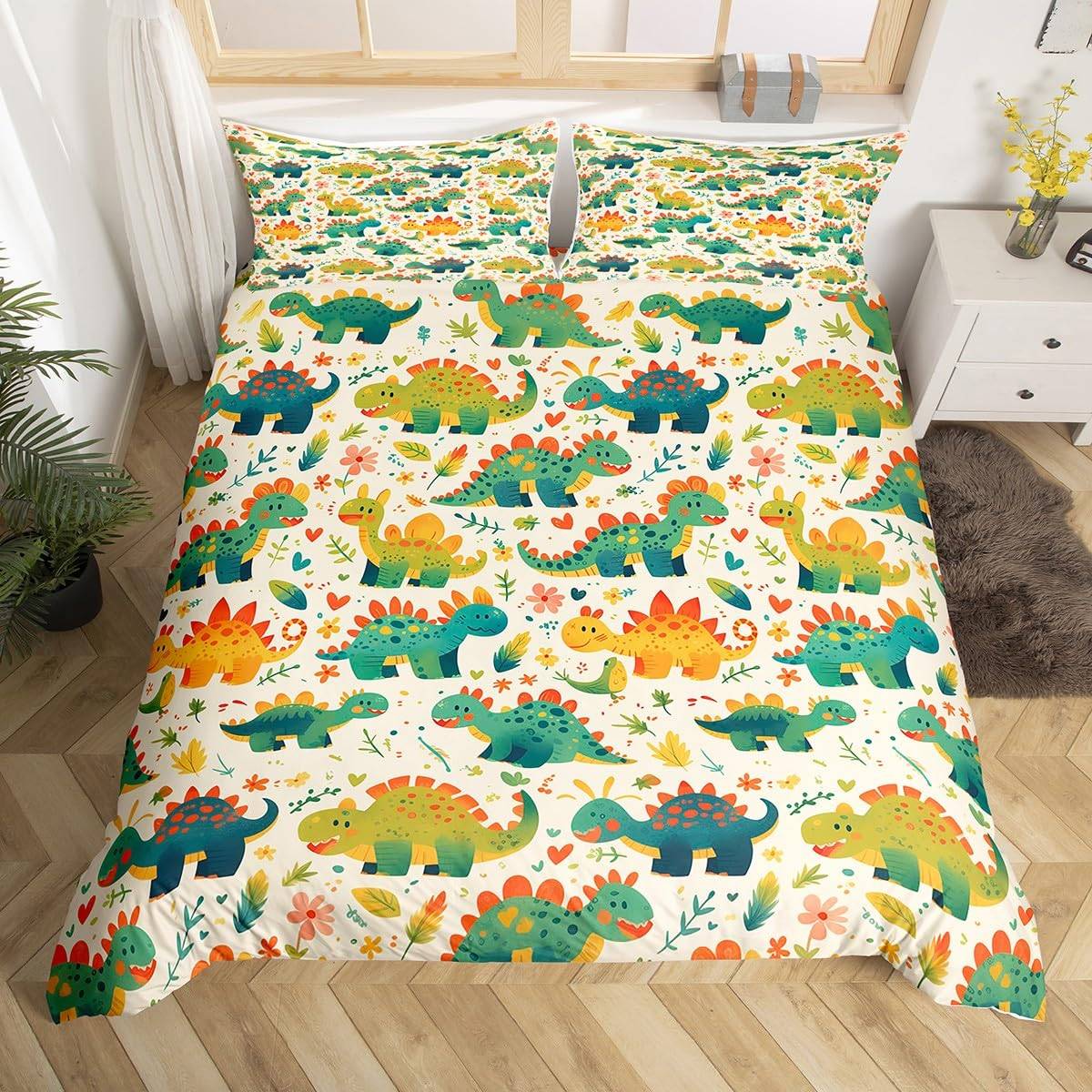 Dinosaurie Påslakan Pojkar Flickor Söt Tecknad Vild Dino Sängkläder Set för Barn Djungeldjur Täckeöverdrag Kawaii Quiltöverdrag US Twin(172x218cm)
