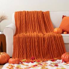 Battilo bränd orange filt för sängstol, vävd chenille stickad överkast, supermjuk mysig varm orange sofföverkast, höst höst dekor halloween prydnadsfilt, 130 x 170 cm