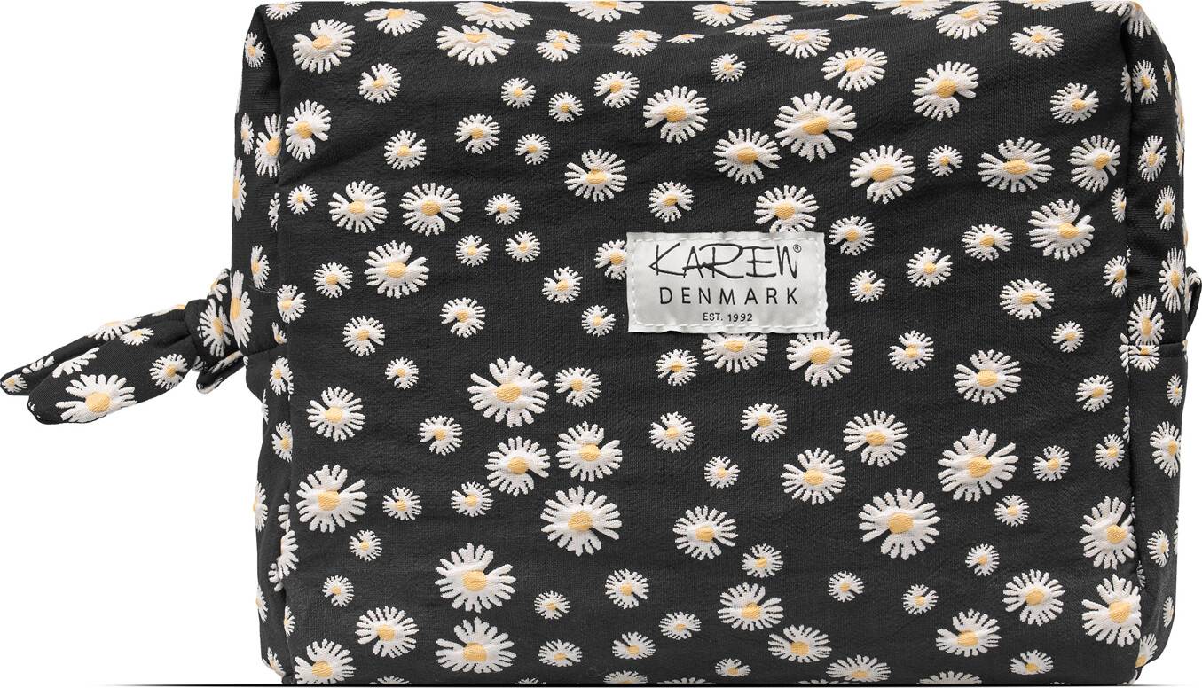 Karen - Stor Toilettaske Med Broderede Margueritter - Sort - Large