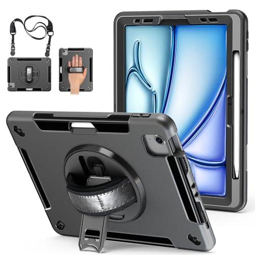 Miesherk Fodral för iPad Air 11 tum M3/M2 2025/2024 7/6:e generation: heltäckande skyddshölje iPad Air 5/4 10,9 tum 2022/2020-skärmskydd, pennhållare, rullande stativ-hand/axelrem-svart