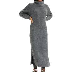 weiches Damen Midi-Kleid Basic-Kleid aus Boucle-Garn Langarm-Kleid 935820 Größe Größen Grau