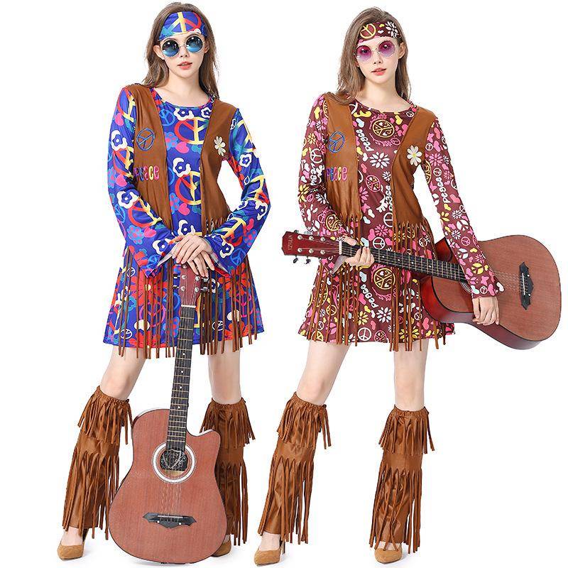 Retro Bohemian Tassel Hippie Costume Set - 4 Pcs: European & American Style Skirt for Halloween Cosplay cm