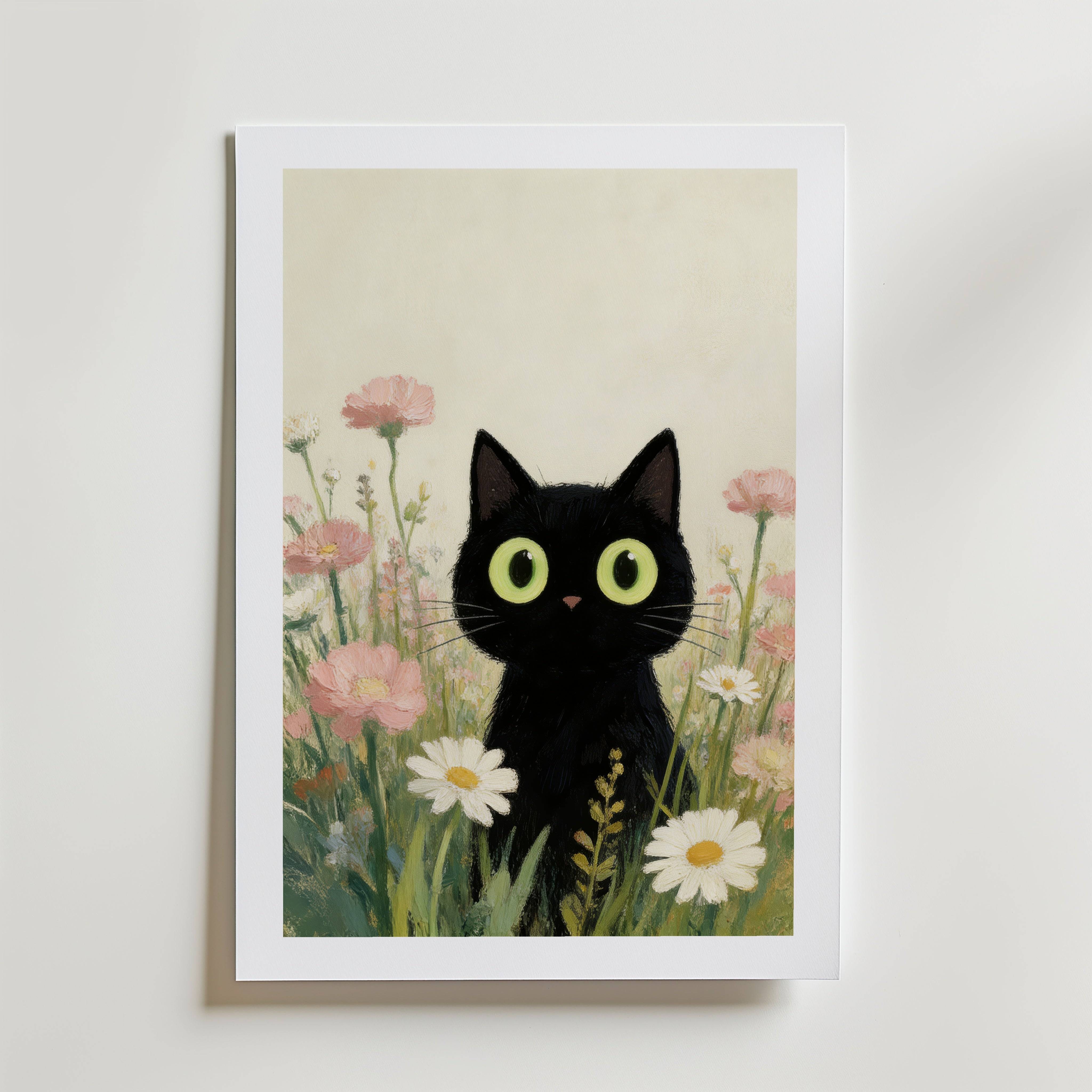 Curious Meadow Cat Poster - Premium Canvas 40x50 cm Med passepartout
