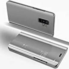 Uposao Telefonfodral för Galaxy A6 2018 spegelvikbart fodral bling spegel smart tydlig vy hårt vikbart fodral galvanisering teknik PC PU-läder bokfodral med stativfunktion, silver