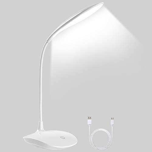 URAQT Schreibtischlampe, LED-Schreibtischlampe für Home Office, 360 Flexibler Einstellbarer Arm, Touch-Steuerung, 3 Helligkeitsstufen, Kabellos, Wiederaufladbar, Dimmbar, Weiß
