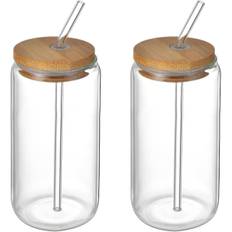 Drikkeglas med bambuslåg og sugerør, ølglas iskaffe latte til mælkekaffe isvand cocktail (500 ml)