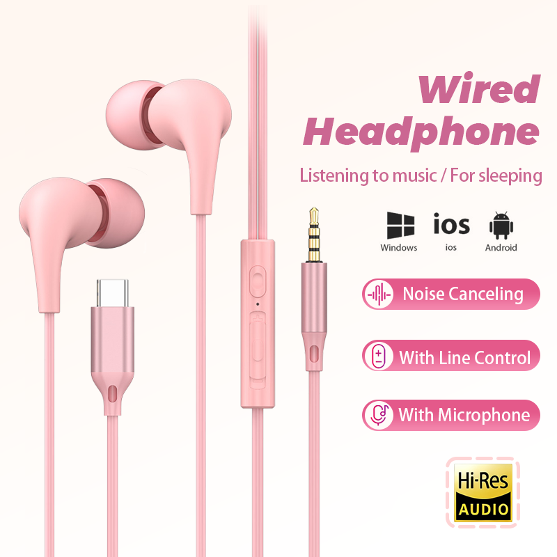 USB Type C Wired Headphone 3.5mm Stereo Music In-Ear Earphones With Wire Control Mic Sleeping Earplugs For Samsung iPhone Xiaomi