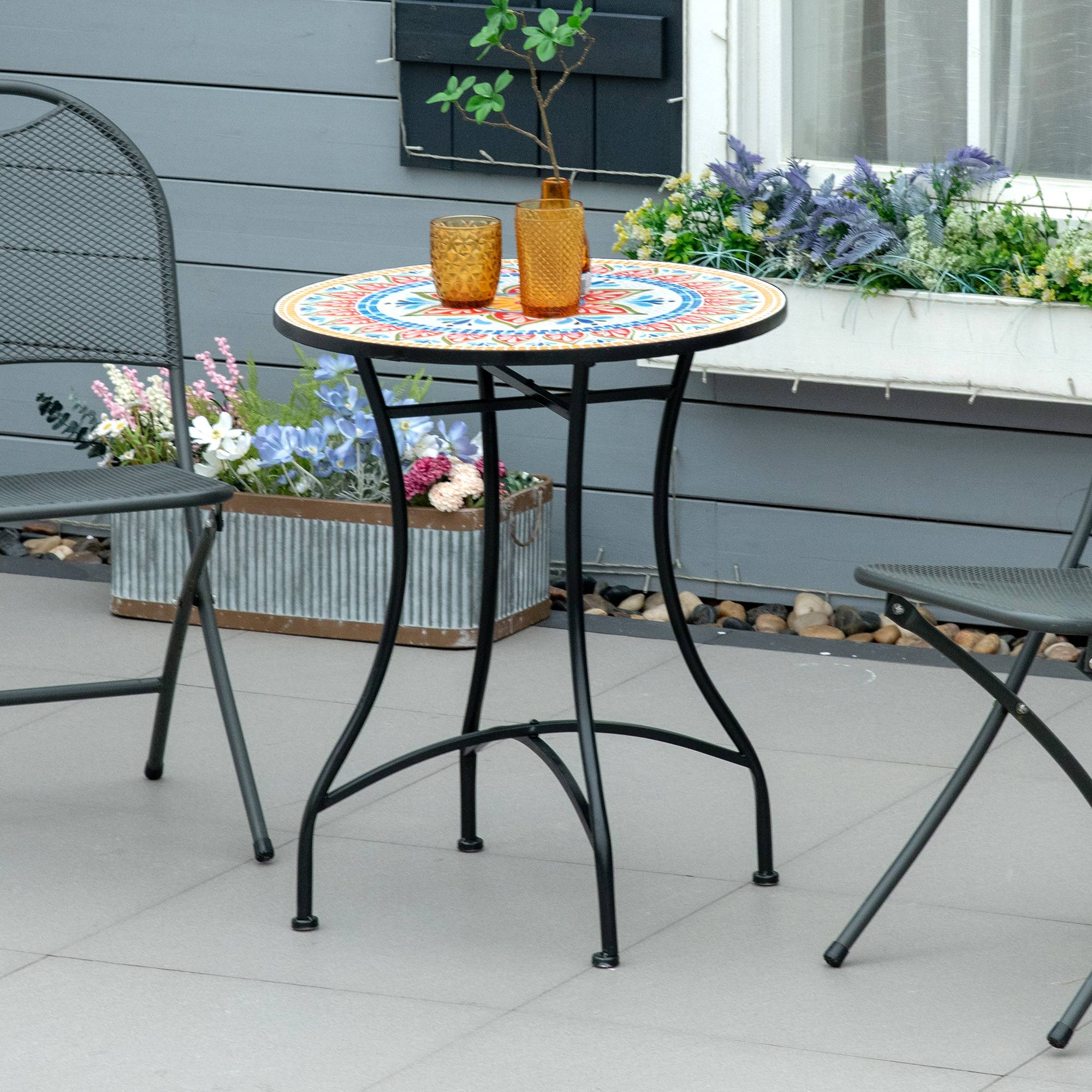 Havebord mosaikbord rundt bistrobord sidebord med mosaikplade keramik metal rød+blå+hvid Ø60 cm