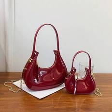 Glänsande Crescent Moon Box Mini-handväska Vinröd mode mångsidig kedja axel Crossbody-väska Läppstift Hörlursficka, lämplig för vår/sommar pendling oc - Bourgogne (Stor,Små)