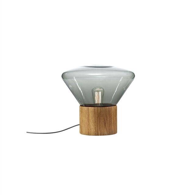 Muffins Wood 01 Bord/Gulvlampe Røgfarvet Glas & Naturlig Eg med Sort Ledning.