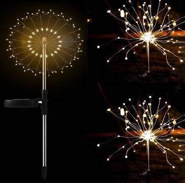 New Ground Plug Solar Fireworks Light LED Light String Copper Wire Outdoor Garden Decoration Star Lights Christmas Lights - Round2pc / Warm / 90light