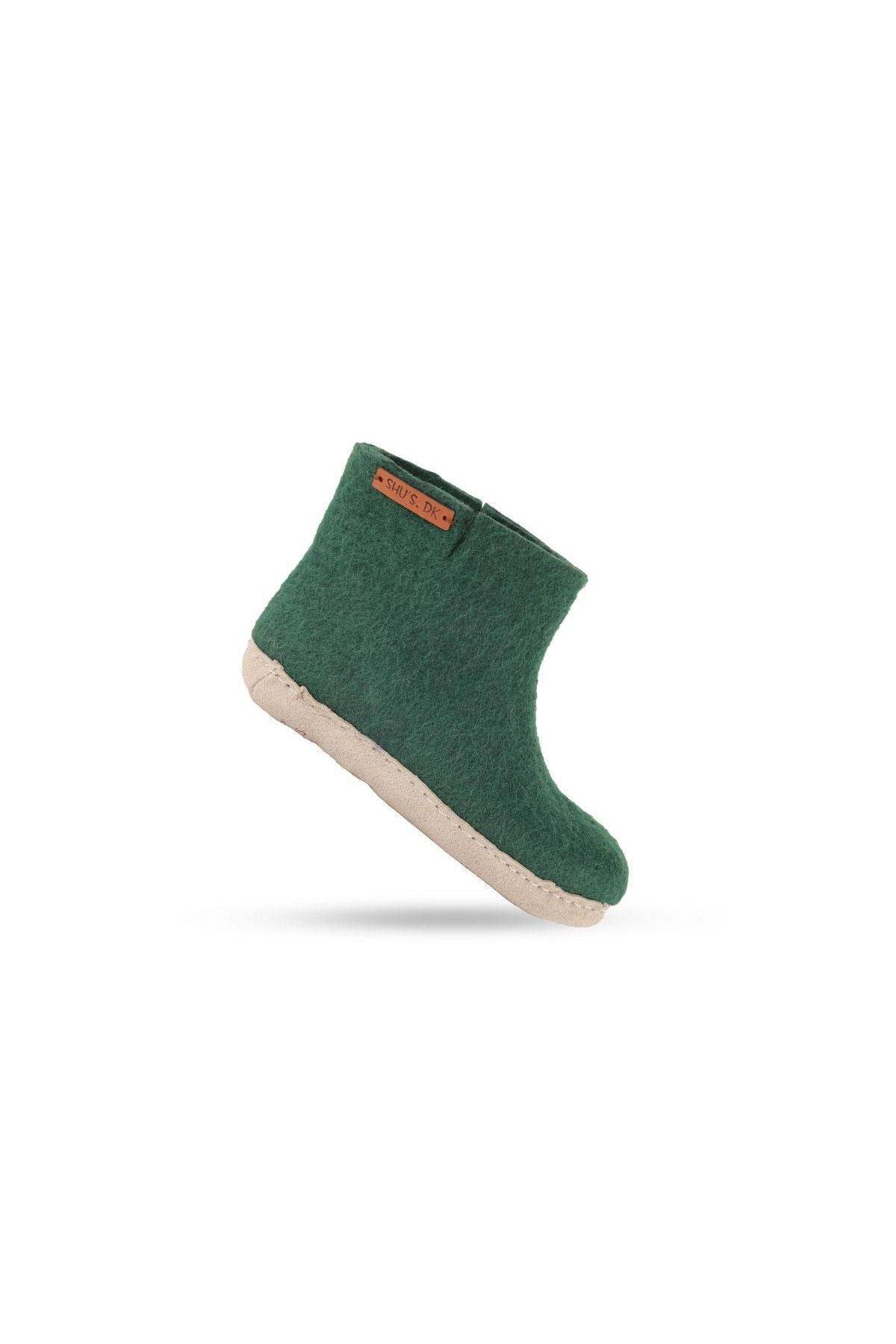 Støvle af uld til Børn (100% ren uld) - Model Grøn m/sål i skind - Dansk Design fra SHUS - 26