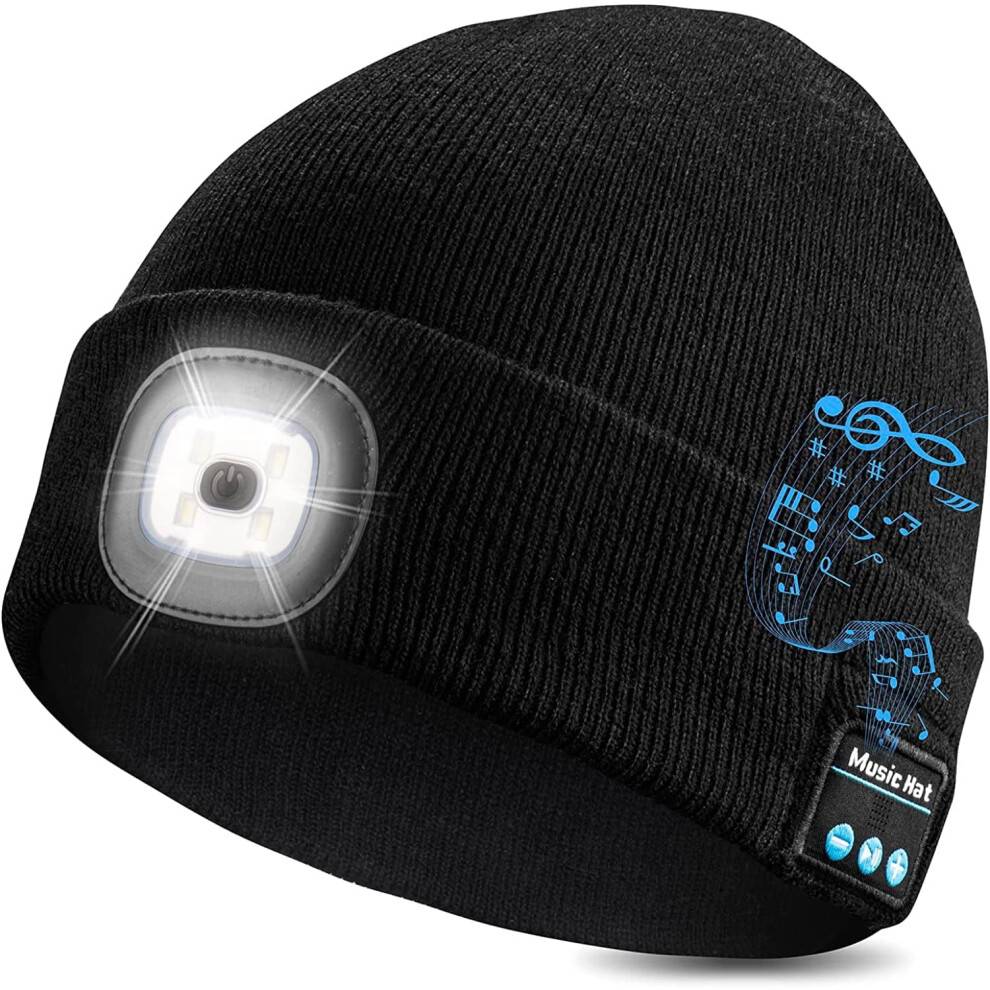 Morttic Unisex Bluetooth Beanie Hat med LED-forlygte Opgraderet håndfri musikalsk strikket kasket til mænd og kvinder Gaver, Sort