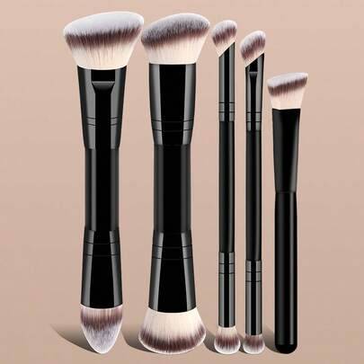 5-delars professionellt sminkborsteset, bärbara reseborstar för makeup, dubbelsidigt multifunktionsset med sminkverktyg inklusive foundationborste, pu - Svart