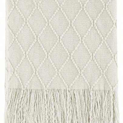 Mjuk stickad pläd med fransar, krämvit texturerad geometrisk diamantgaller-mönstrad dekorativ filt för soffa, säng, vardagsrum och lantlig inredning - Beige (127*152,130*220)