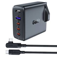 Acefast Hurtigoplader GaN UK 100W PD, 3x USB-C, 1x USB-A + USB-C kabel, 2m - Sort