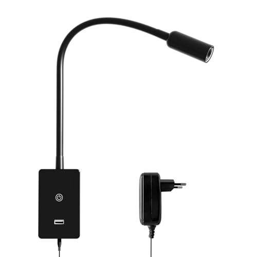 ENUOTEK LED Vägglampa för Läsning Monterad på Sovrummet, Beröringsdimbar Svart Sängbords Spotlampa med Flexibel Gås-Hals, 4 Ljusstyrkenivåer, Neutral Vit Belysning, 5V2A USB-Utgångsport