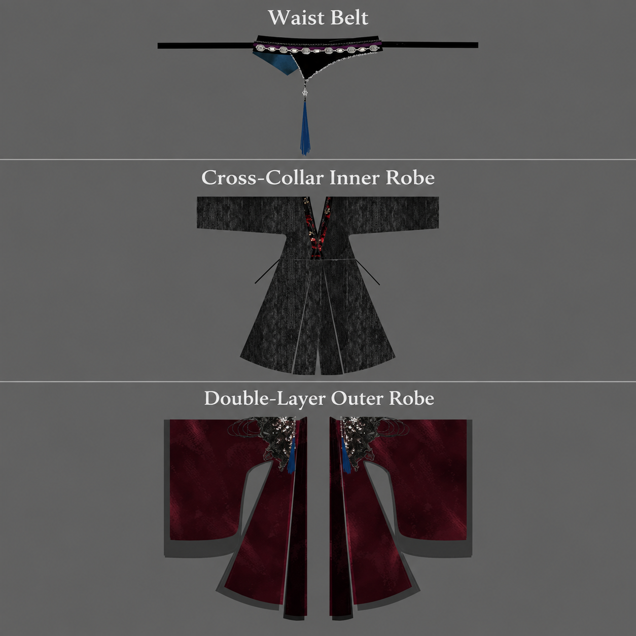 Black & Red Wuxia Hanfu Robes | 3-Piece Costume Set & Separates - Waist Belt Only / S (S)