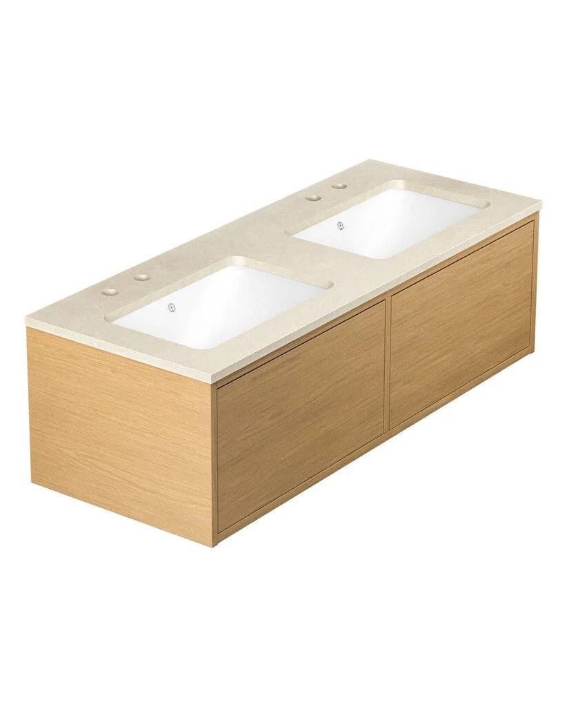 Kommodskåp Gustavsberg Ducentic 120 cm Komplett med Handfat och Stenskiva Ljus ek, Beige Royal, Med 2st dubbelhålsblandare, Utan benställning