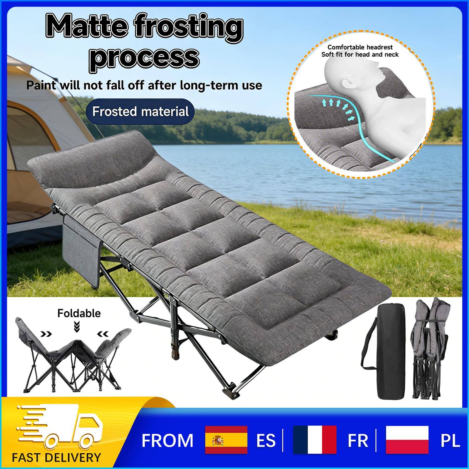 200kg Load Portable Office Nap Bed Foldable Camping Bed Lounge Chair with Soft Cushion for Outdoor/Fishing/Travel/Office Nap