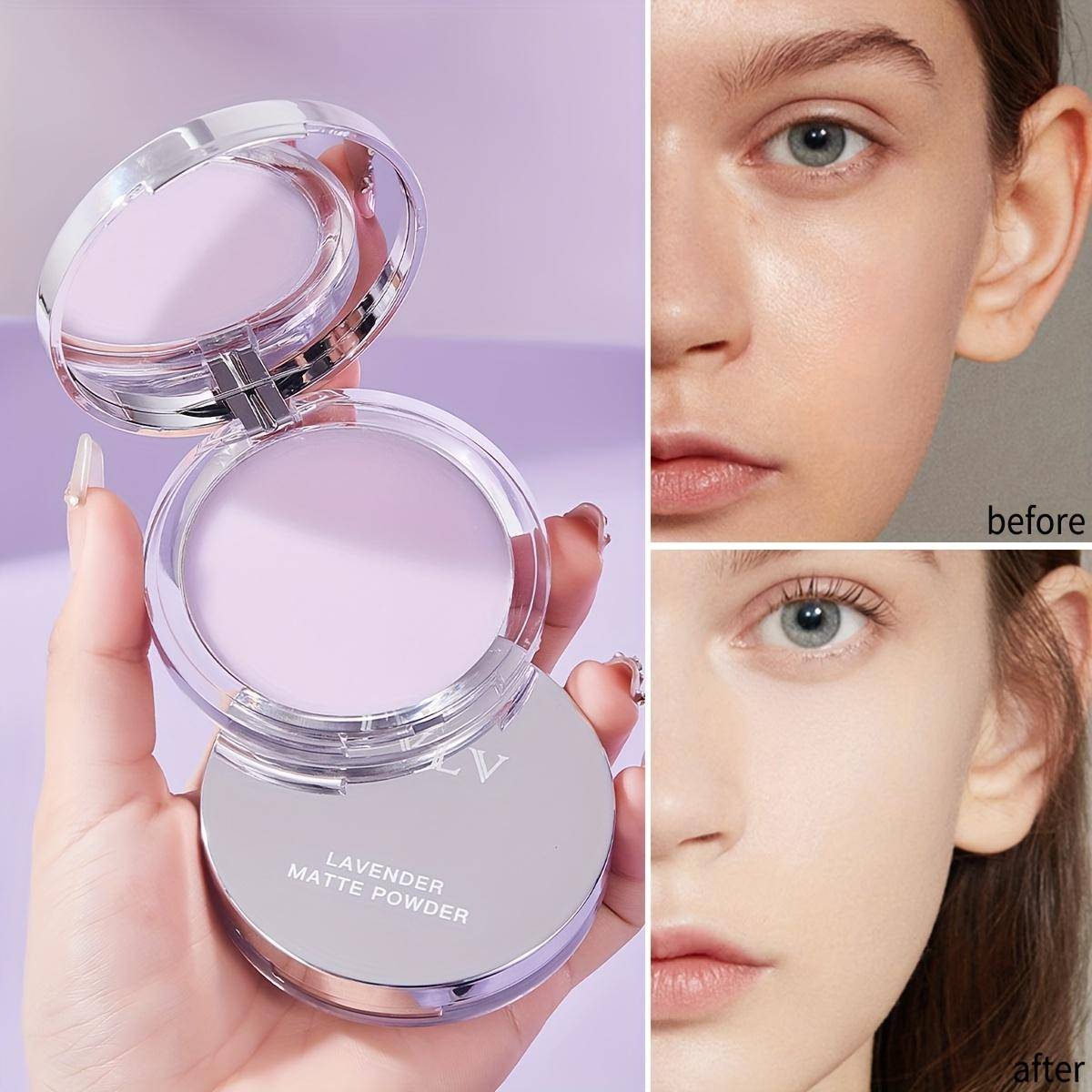 Lavendel Matt Fixeringspuder för Makeup med Puderpuff - Oljekontroll, Långvarig, Vattentätt Pressat Puder Naturlig Finish & Stark Täckning Puder viole