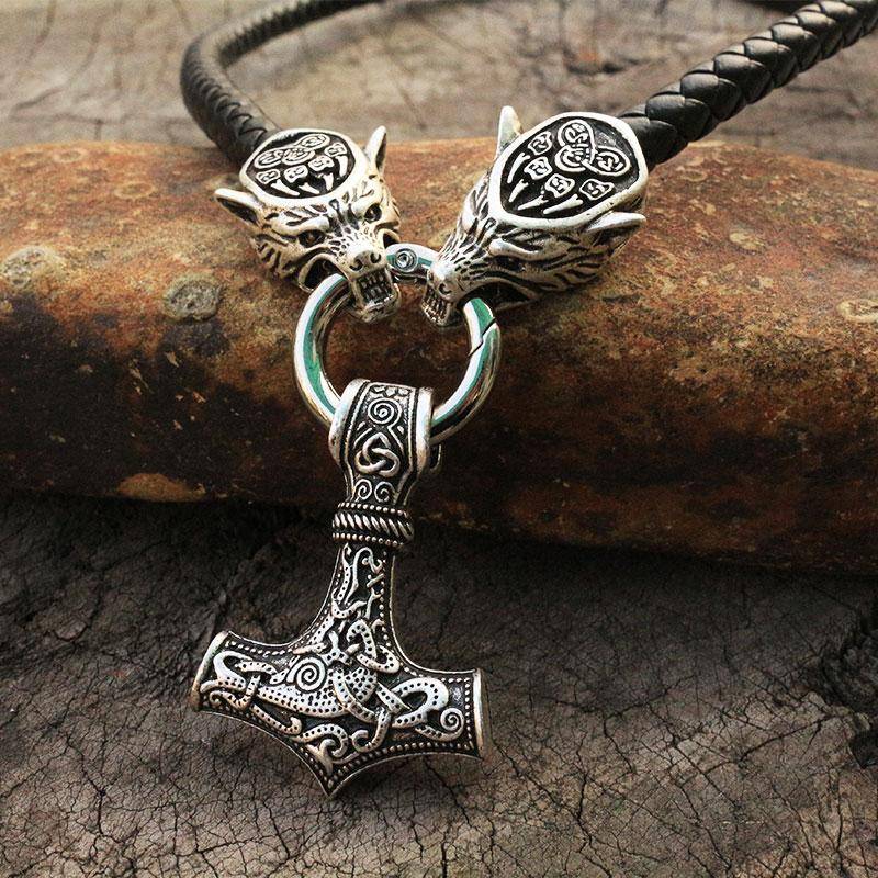 Herrhalsband Vikingavargshuvud Med Tors Hammare Mjolnir Halsbandshänge Nordisk Talisman Etniska Smycken