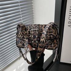 Fashion Contrasting Leopard Print Rivet Decoration Punk Underarm Foreskin Buckle Flip Shoulder Bag, Suitable For Shopping, Wallets, Shopping, Young Wo - Multicolor