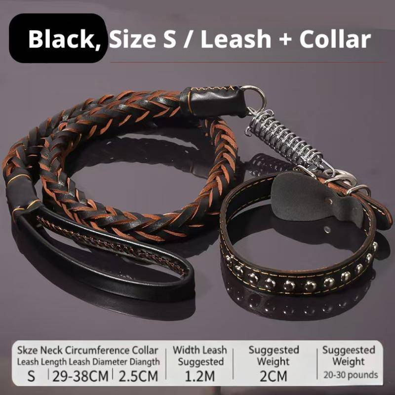 Medium Stor Hund Läderkoppel och Halsband Set Med Nitar Anti-Drag Buffertfjäder 1,2M