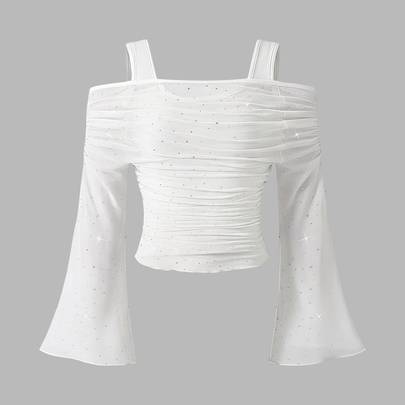 Flickors ny stil för vår/höst, 2 i 1 väst och innerlager, öppen axel, paljett-mesh, långärmad topp, moderiktig, elegant, söt och gullig - Vitt (8Y,9Y,10Y,11Y,12Y,13Y)