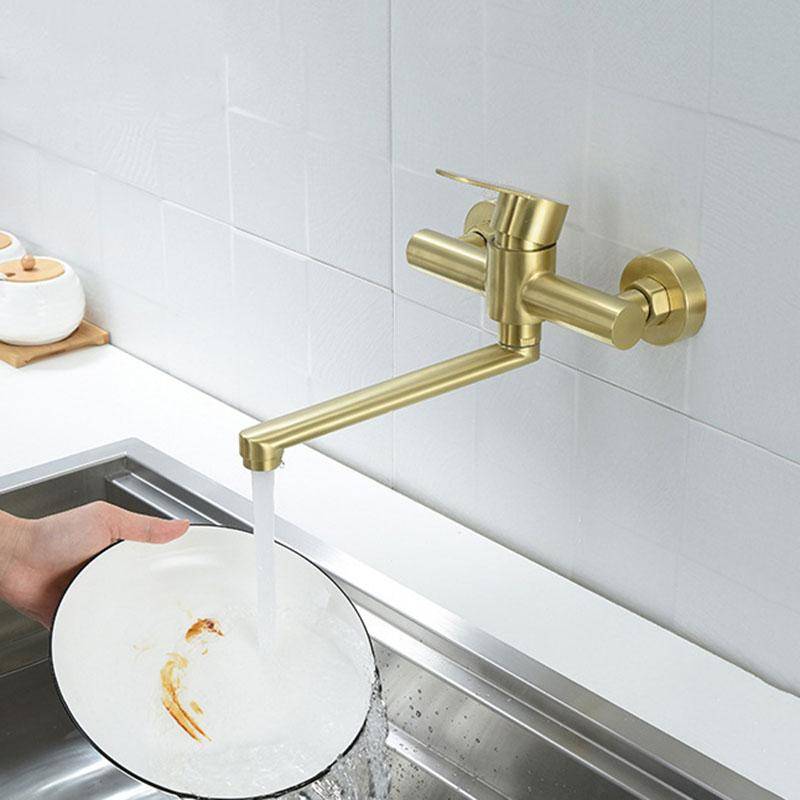 Borstat guld 304 rostfritt stål köksblandare väggmonterad enkelgrepp roterande varmt och kallt köksblandare nickel