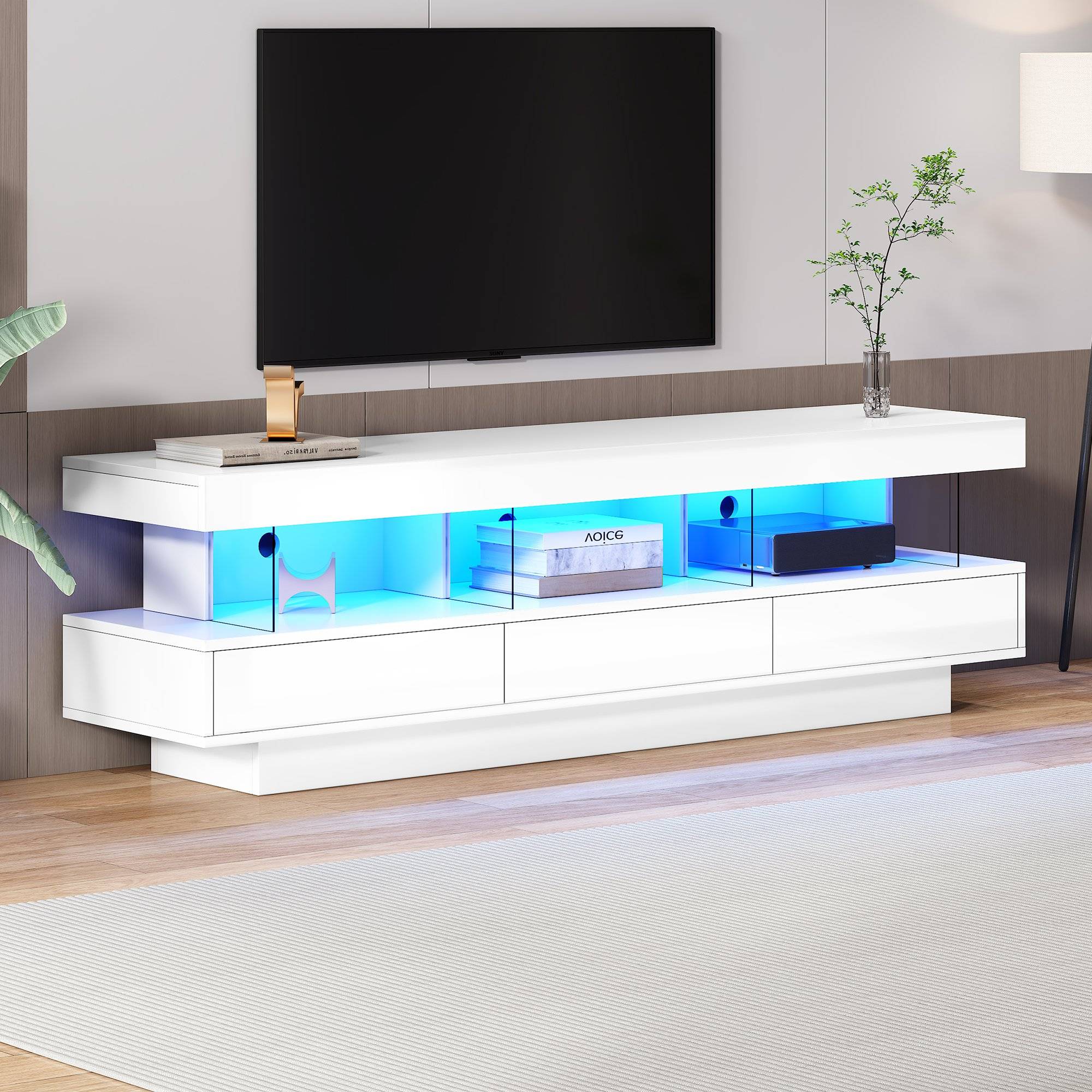 Modern High Gloss TV Units with Storage Drawers, Remote Control LED Lights, TV Cabinet for Living Room, Bedroom, 160x38x50.5 cm, White Aosom.UK