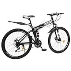 DGJMuu Mountainbike skivbroms cykel 26 tum full fjäder, 21 växlar cykel kolstål vikbar ram svart + vit mountainbike