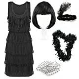 Svart Deluxe Flapper-klänning – XXL – Deluxe Black Flapper-kostym för damer med matchande paljettpannband, silverpärlhalsband, fjäderboa, bob-peruk, 1920-tals festklänning
