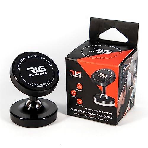 RL Grips® Magnetiskt Stöd för Gym med Dubbel Sida - Mobiltelefonmagnet med 360° Rotation med 2 Metallklistermärken - Telefonstöd för Bil, Gymmaskiner, Kylskåp eller Metallytor (SVART)