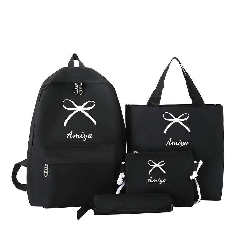 4pcs Customizable Back-to- High-quality Multifunctional Lightweight Backpack Shoulder Bag Messenger Bag Solid Color Casual Cute Bow Suitable For Campus Vacation Travel Sports
