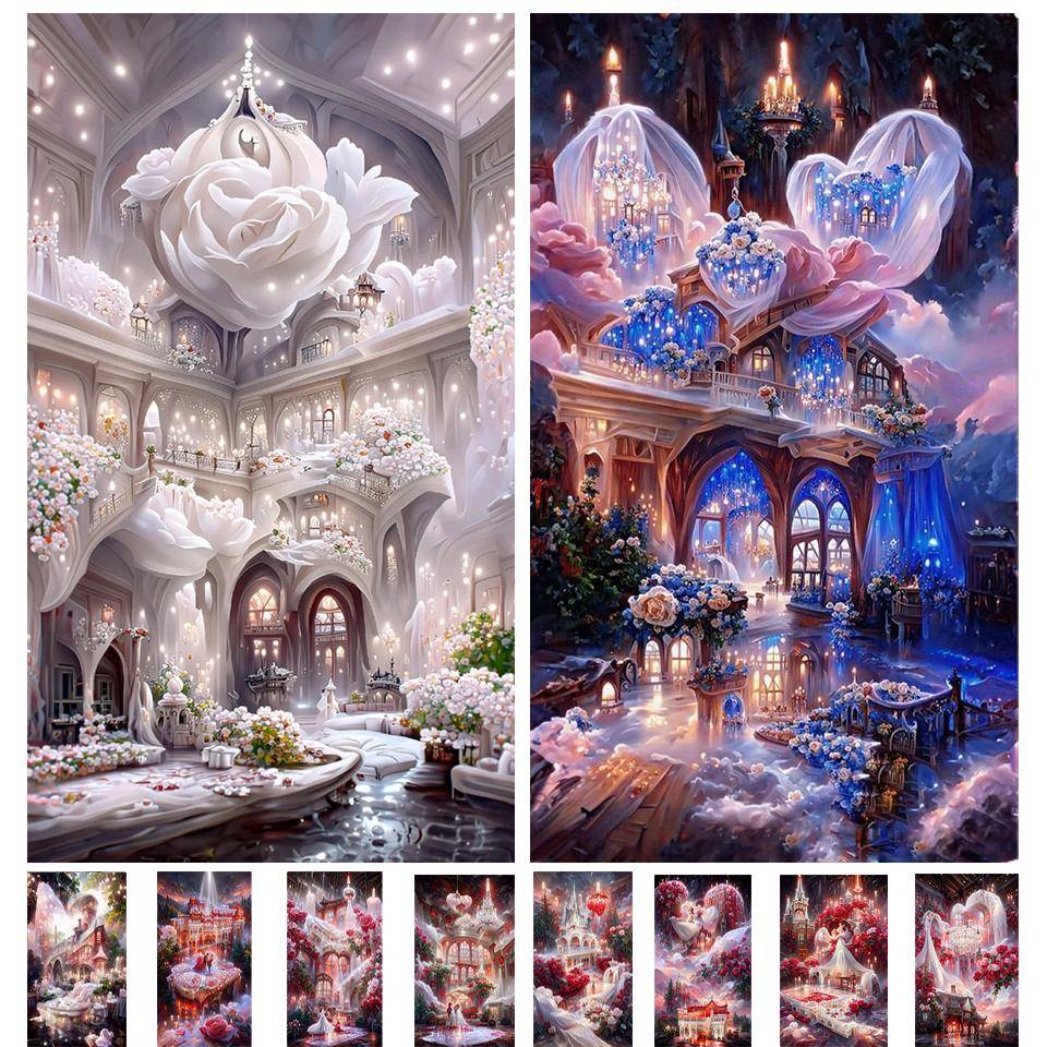 Stor 5D gör-det-själv-diamantmålning Chateau Montrose-satser Full borr Mosaik Dröm Romantiskt bröllopslandskap Diamantbroderi