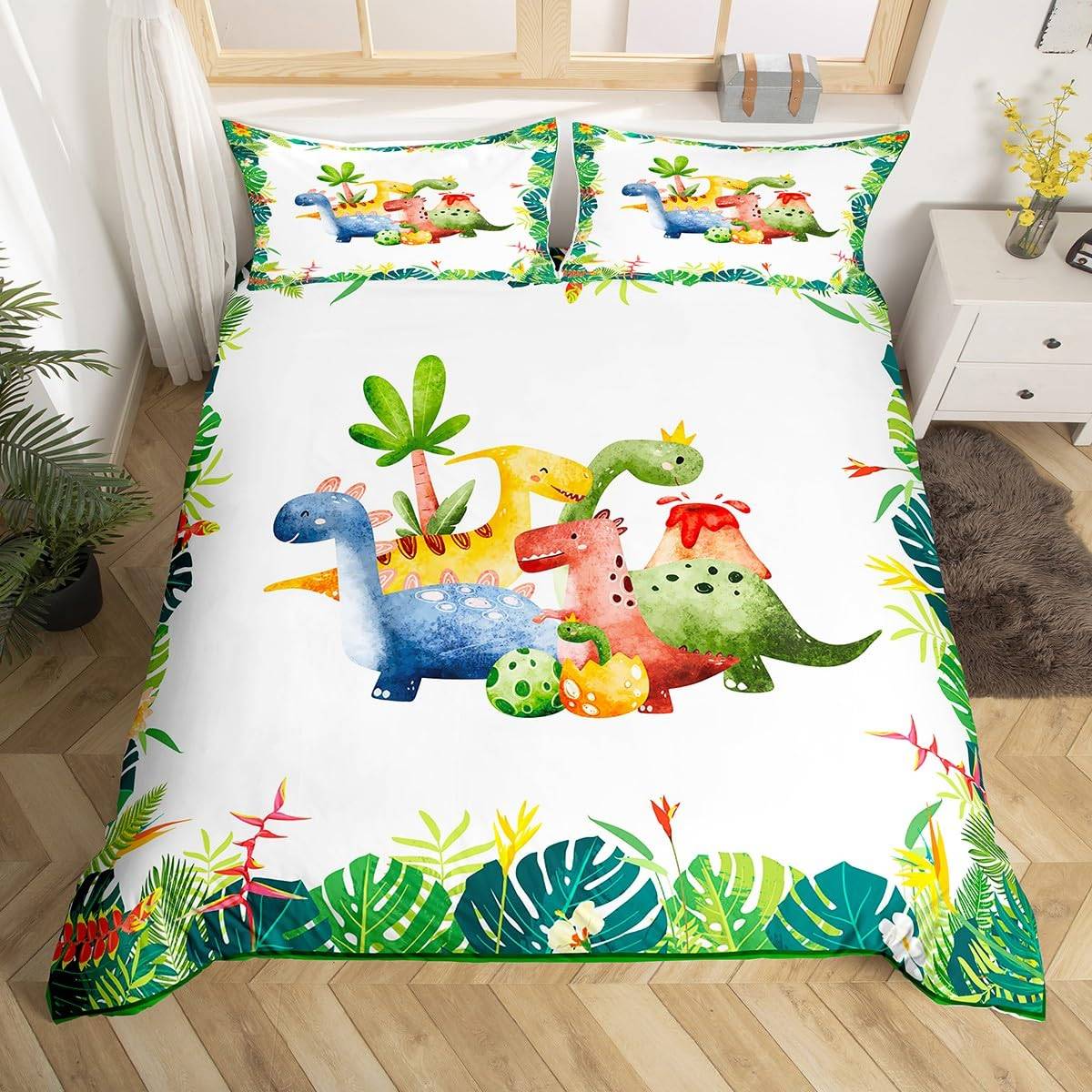 Dinosaurie Påslakan Pojkar Flickor Söt Tecknad Vild Dino Sängkläder Set för Barn Djungeldjur Täckeöverdrag Kawaii Quiltöverdrag 140x200cm 3pcs
