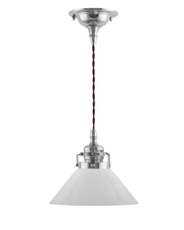 Loftslampe - Skomagerlampe, nikkel, lille hvid skærm 15 cm