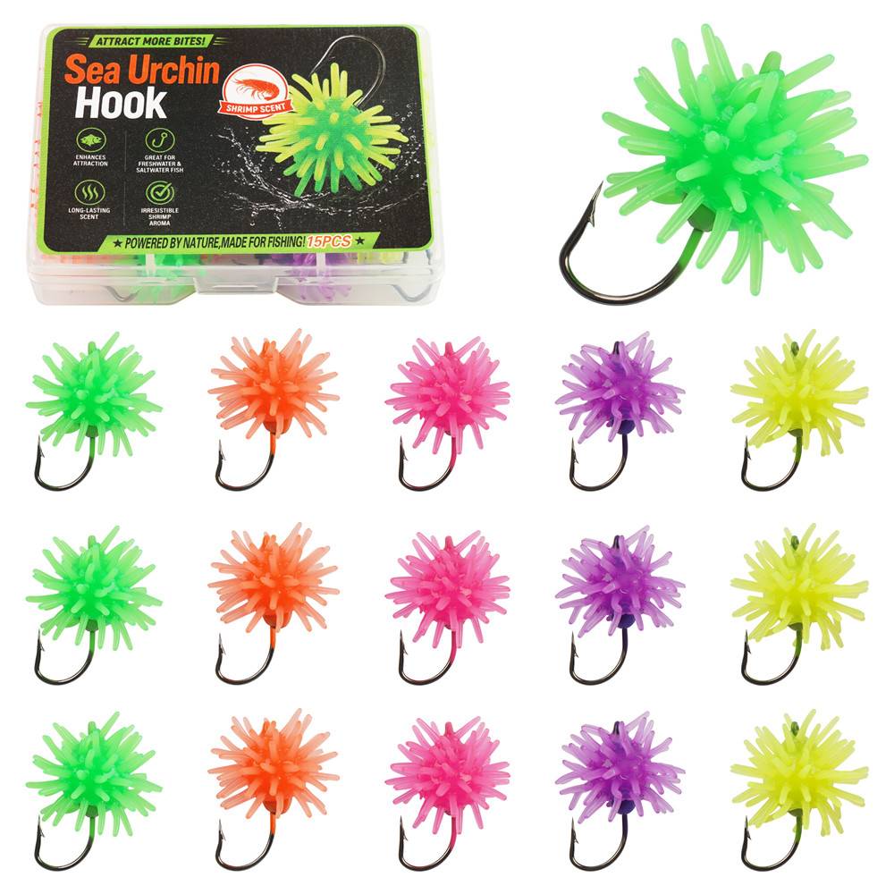15Pcs Sea Urchin bait with weighted ice jig hooks for Bass Trout Walleye Fishing Lures saltwater freshwater jigging hooks 3.5g