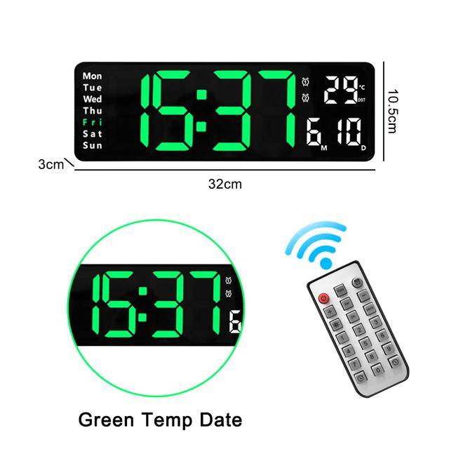 Väggmonterad digital väggklocka Fjärrkontroll Temp Datum Vecka Display Stäng av Minne Bord Klocka Dubbla larm Stora LED-klockor