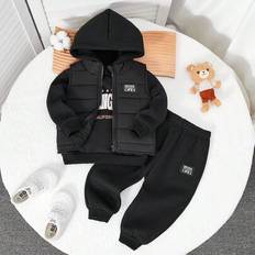 3st Baby Boy Landmark Print Huvtröja set med varm väst, lämplig för höst/vinter flera tillfällen, svart set med svart väst matchar alla - Multifärgad (6-9M,9-12M,12-18M,18-24M,2-3Y)