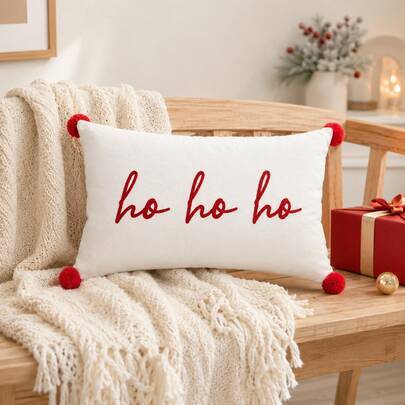 1 st/2 st "Ha Ha Ha" broderat juligt ryggkuddfodral, rött pompom-hörn, vitt sammetsfodral för julkudde, passar soffa, soffsäng, eldstadshyllan, vardag (2 st 30 cm * 50 cm,1 styck 30 cm * 50 cm)