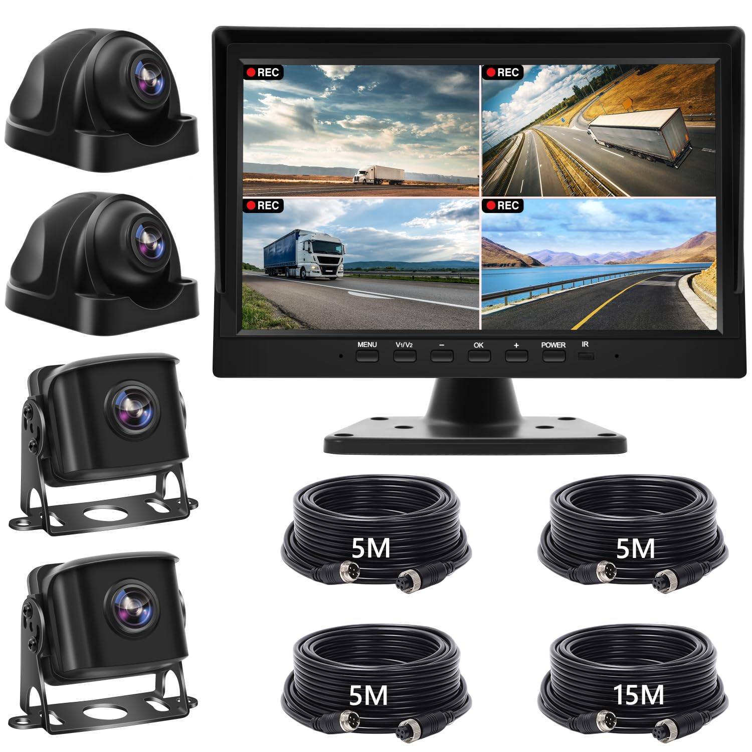 Tonowu Backkamera Monitor Set med Inspelning AHD 24V Back IPS Utrustad med 4 AHD Sidokameror Automatisk Länkning Delad Skärm Guidelinjer Omkopplingsbara svart