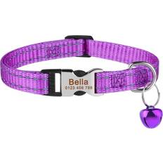 Anpassat Graverat ID-namn Katthalsband Anti Loss Katthalsband Med Klockor Katthalsband Justerbart Katthalsband Nylon Slitstarkt Katthalsband,Lila,19-30 CM