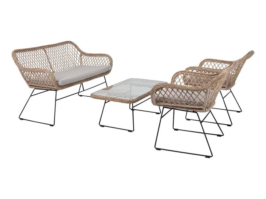 Sunzo Hemsby soffgrupp Natur med beige dyna 2-sitssoffa, 2 fåtöljer & bord 100x55 cm Natur med beige hynde 2-personers sofa, 2 lænestole & bord 100x55 cm