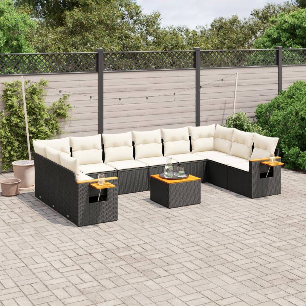 Sofasæt Til Haven 11 Dele Med Hynder Polyrattan - Sort og cremefarvet / Med bord