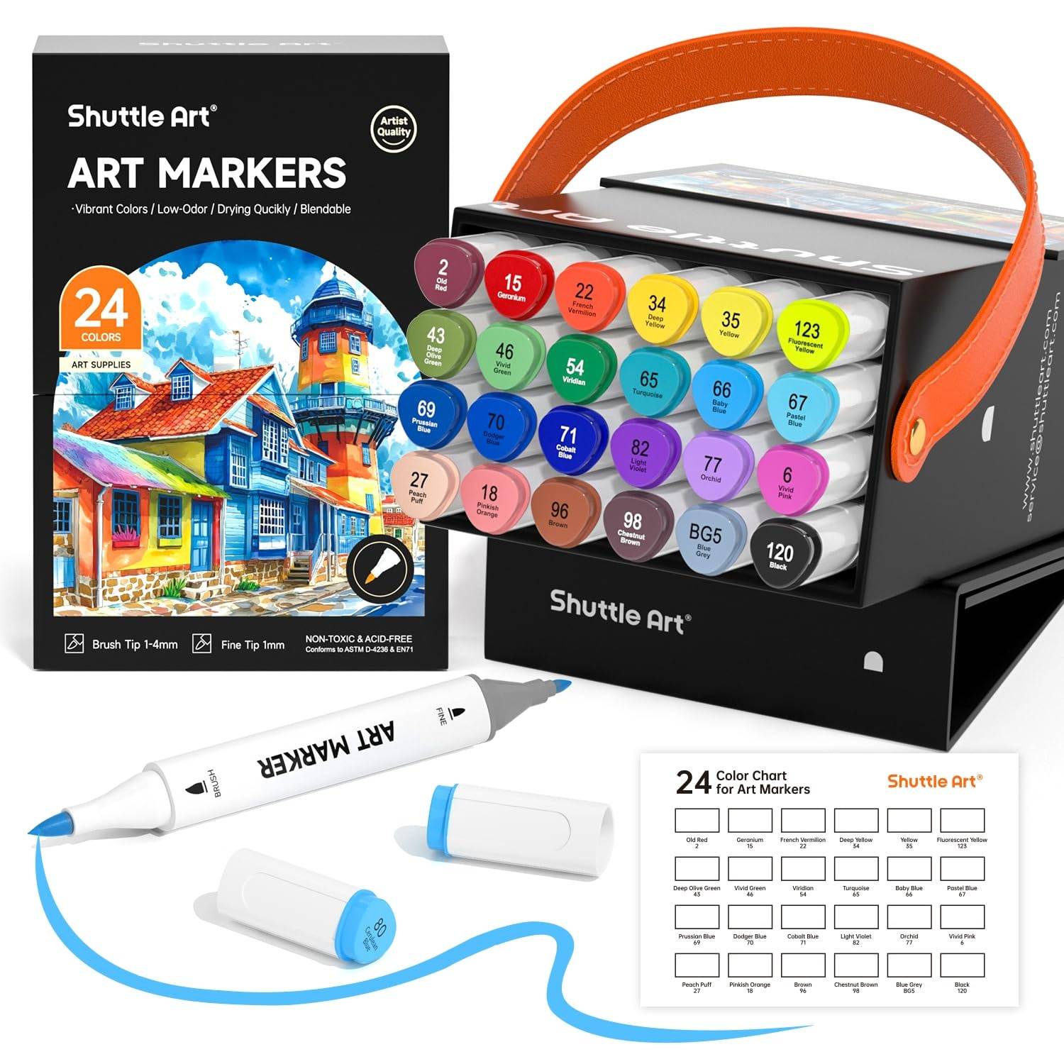 Shuttle Art Illustration Alcohol Twin Tip with Carrying Perfect for Coloring Art Adults Gift Markers, 24-Color Set, Brush-Type Markers, (Fine Tip),