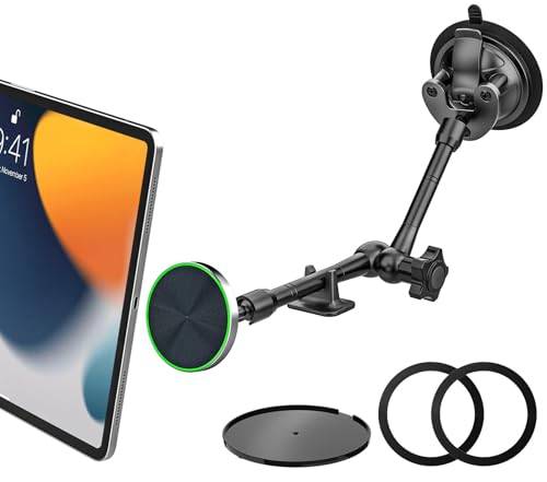 Surfplattehållare bilmagnet [justerbar metallarm] instrumentbräda vindruta bilhållare sugkopp, magnetisk bilhållare för iPad, Galaxy Tab, Fire, iPhone, 4–11 tum mobiltelefoner och surfplattor
